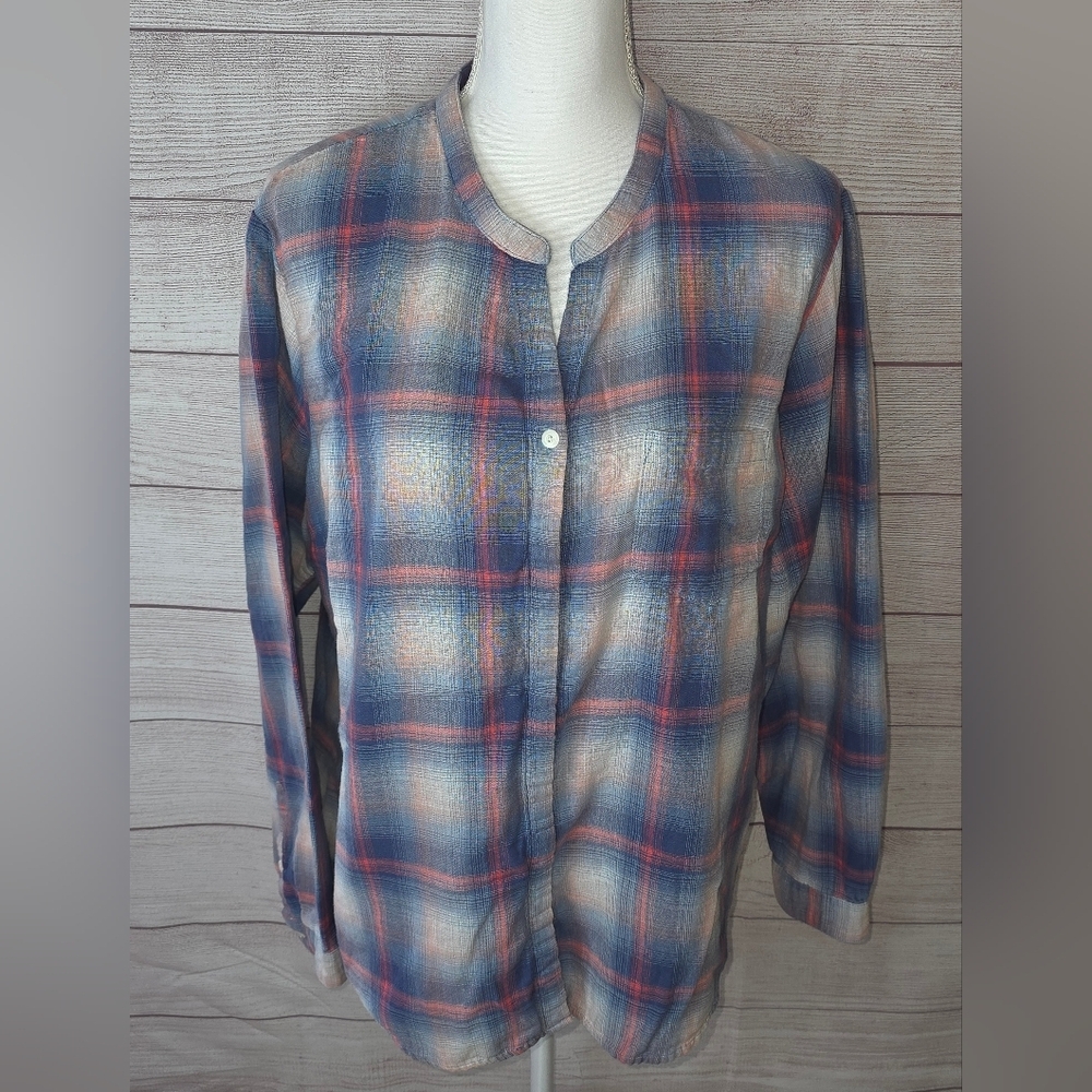 L.L.Bean Plaid Button-down Shirt With Mandarin Collar Size XL